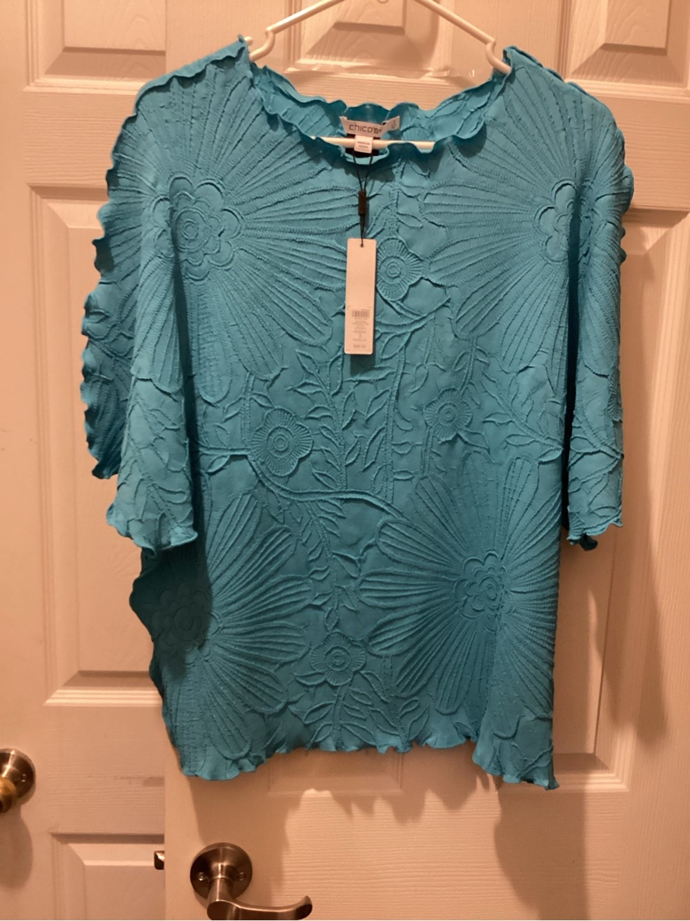Chico's Turquoise Embossed Short Sleeve Top